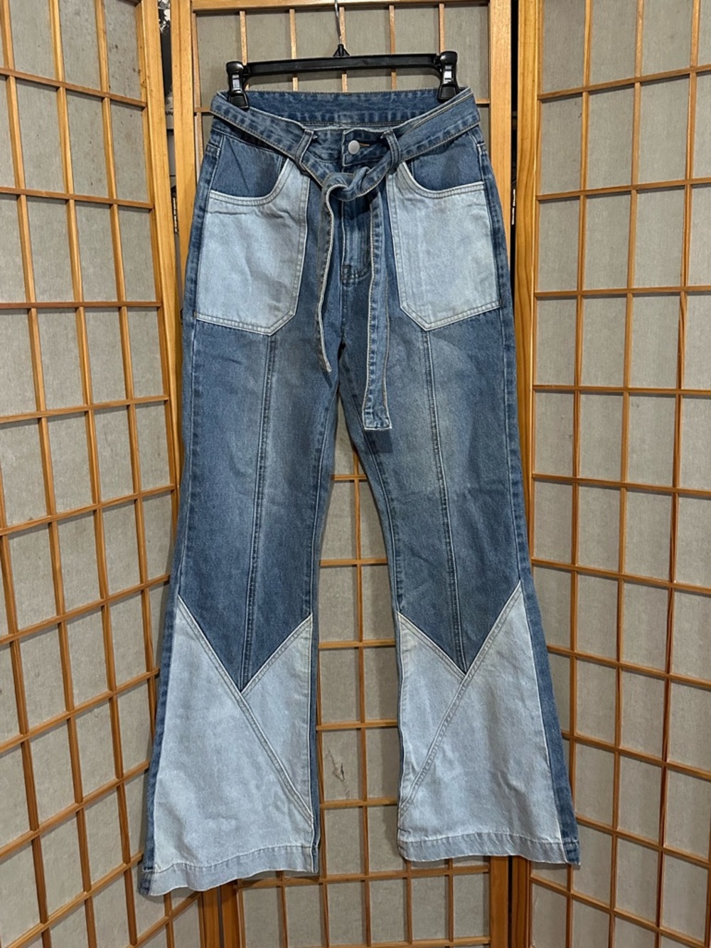 Unique 70’s Two-Tone Patchwork Denim Tie-Waist Fashion Jeans